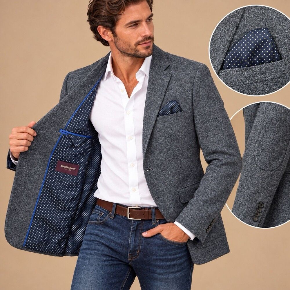 Johnston & Murphy Mens Large Gray Stretch Blazer Sport Coat Elbow Patch Casual